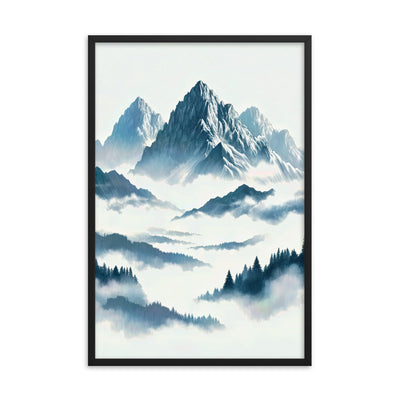 Nebeliger Alpenmorgen-Essenz, verdeckte Täler und Wälder - Premium Poster mit Rahmen berge xxx yyy zzz 61 x 91.4 cm
