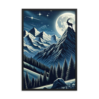 Steinbock in Alpennacht, silberne Berge und Sternenhimmel - Premium Poster mit Rahmen berge xxx yyy zzz 61 x 91.4 cm