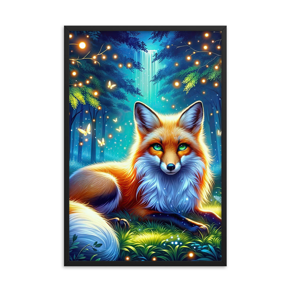 Funkelnder Nachtfuchs auf Waldlichtung mit Feuerwerk - Premium Poster mit Rahmen camping xxx yyy zzz 61 x 91.4 cm