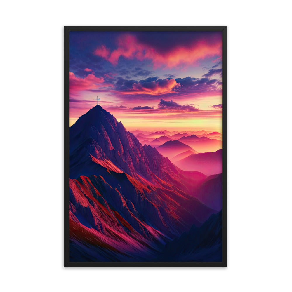 Dramatischer Alpen-Sonnenaufgang, Gipfelkreuz und warme Himmelsfarben - Premium Poster mit Rahmen berge xxx yyy zzz 61 x 91.4 cm