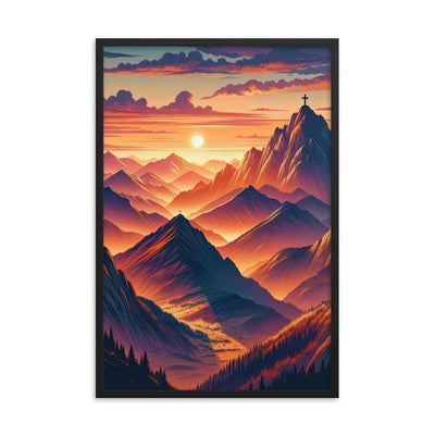 Dramatischer Alpen-Sonnenuntergang, Gipfelkreuz in Orange-Rosa - Premium Poster mit Rahmen berge xxx yyy zzz 61 x 91.4 cm