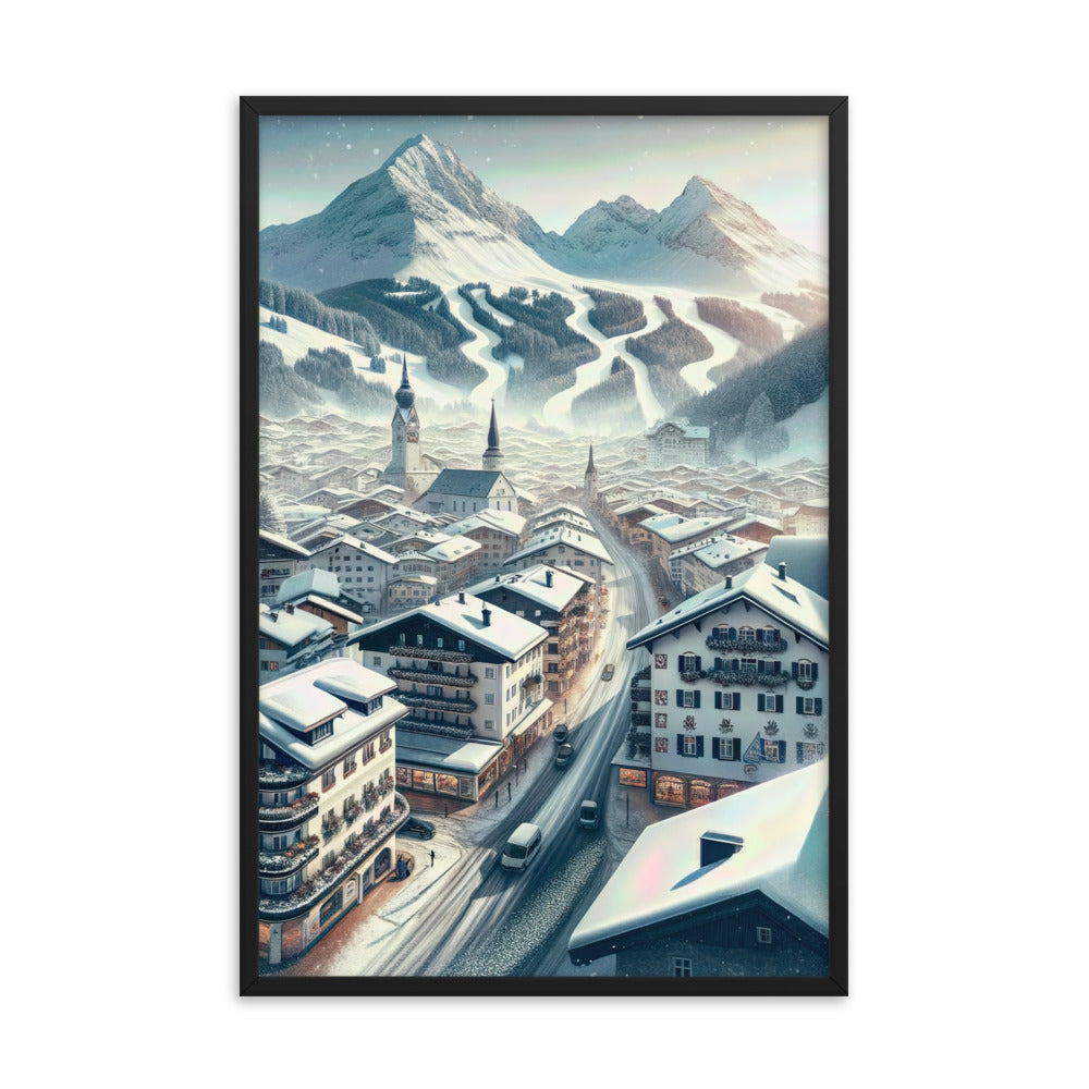 Winter in Kitzbühel: Digitale Malerei von schneebedeckten Dächern - Premium Poster mit Rahmen berge xxx yyy zzz 61 x 91.4 cm