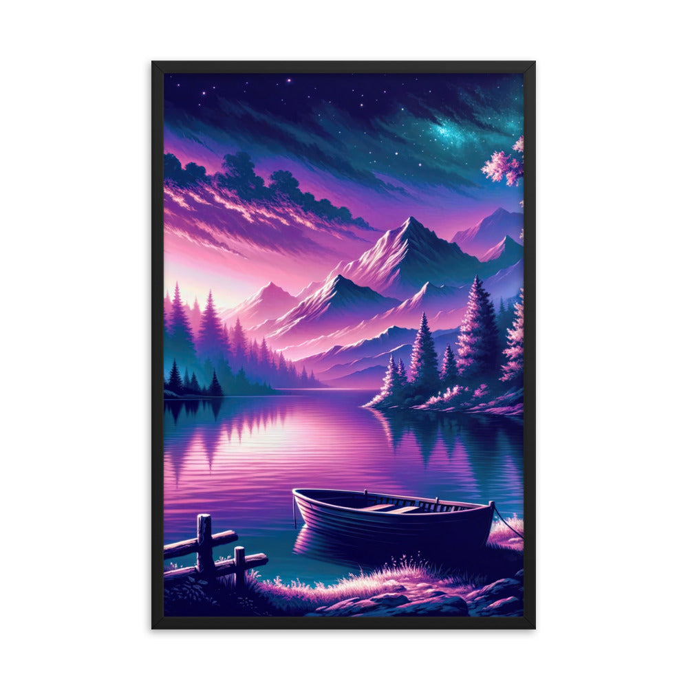 Magische Alpen-Dämmerung, rosa-lila Himmel und Bergsee mit Boot - Premium Poster mit Rahmen berge xxx yyy zzz 61 x 91.4 cm