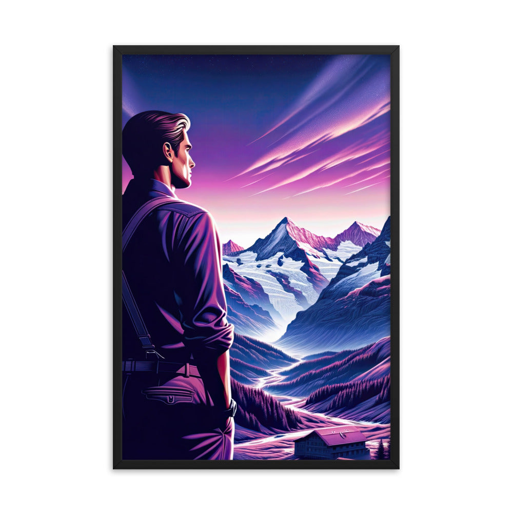 Wanderer in alpiner Dämmerung, schneebedeckte Gipfel ins Unendliche - Premium Poster mit Rahmen wandern xxx yyy zzz 61 x 91.4 cm