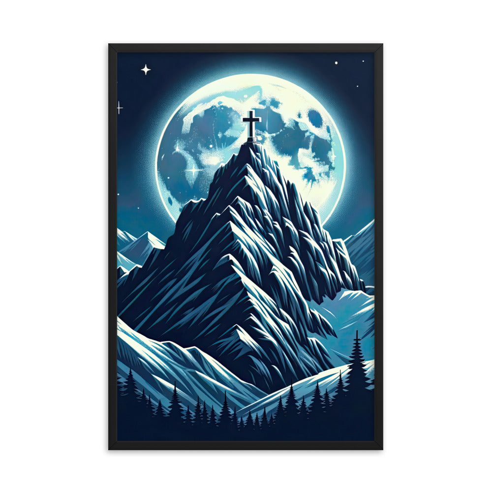 Mondnacht und Gipfelkreuz in den Alpen, glitzernde Schneegipfel - Premium Poster mit Rahmen berge xxx yyy zzz 61 x 91.4 cm
