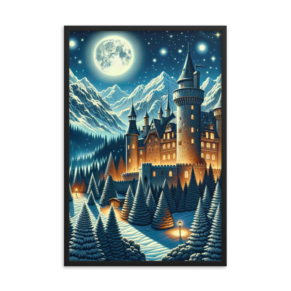 Mondhelle Schlossnacht in den Alpen, sternenklarer Himmel - Premium Poster mit Rahmen berge xxx yyy zzz 61 x 91.4 cm