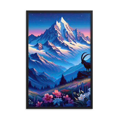 Steinbock bei Dämmerung in den Alpen, sonnengeküsste Schneegipfel - Premium Poster mit Rahmen berge xxx yyy zzz 61 x 91.4 cm