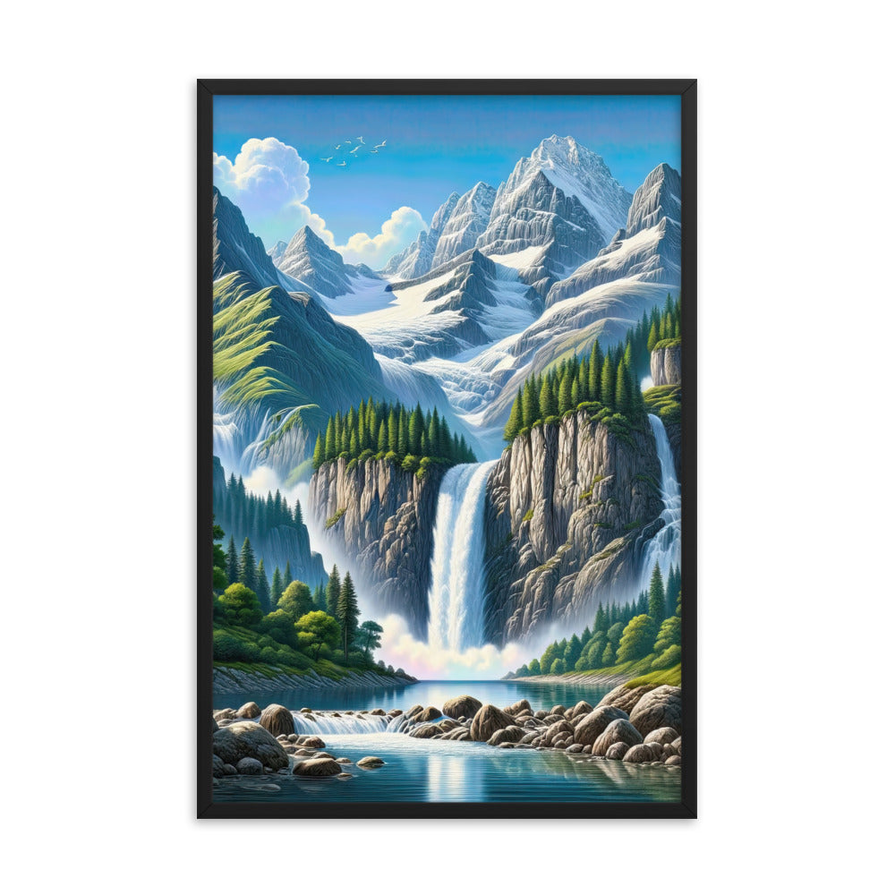 Illustration einer unberührten Alpenkulisse im Hochsommer. Wasserfall und See - Premium Poster mit Rahmen berge xxx yyy zzz 61 x 91.4 cm