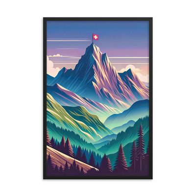 Harmonische Berglandschaft mit Schweizer Flagge auf Gipfel - Premium Poster mit Rahmen berge xxx yyy zzz 61 x 91.4 cm