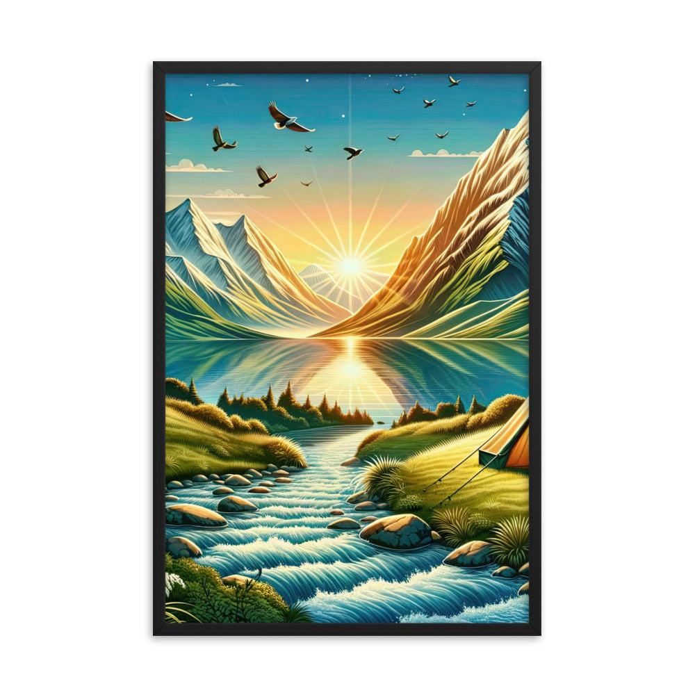 Zelt im Alpenmorgen mit goldenem Licht, Schneebergen und unberührten Seen - Premium Poster mit Rahmen berge xxx yyy zzz 61 x 91.4 cm