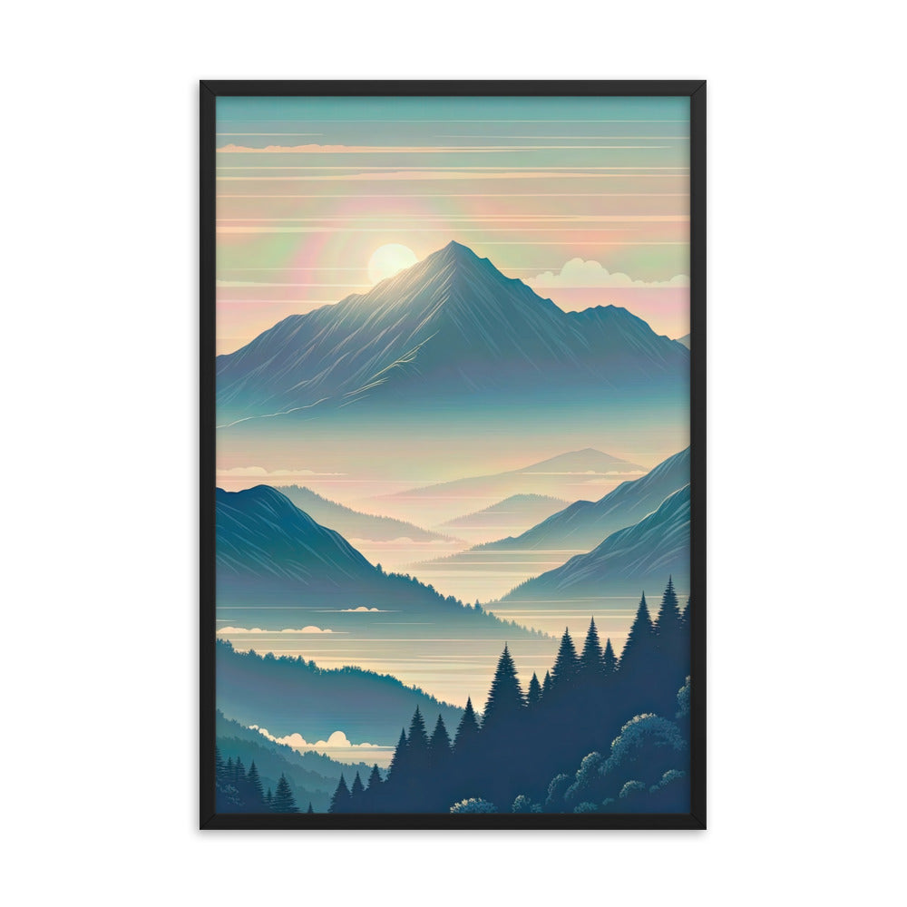 Bergszene bei Morgendämmerung, erste Sonnenstrahlen auf Bergrücken - Premium Poster mit Rahmen berge xxx yyy zzz 61 x 91.4 cm