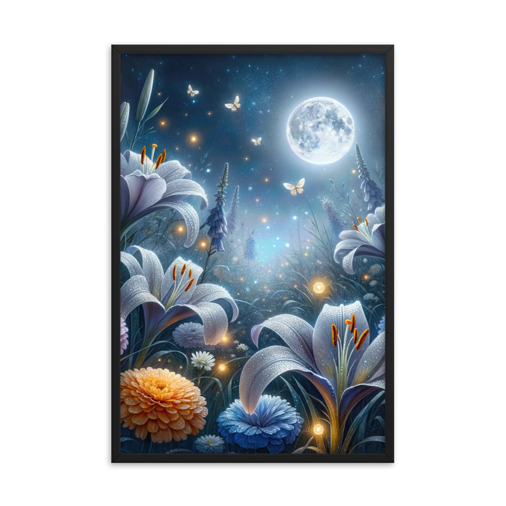 Ätherische Mondnacht auf blühender Wiese, silbriger Blumenglanz - Premium Poster mit Rahmen camping xxx yyy zzz 61 x 91.4 cm