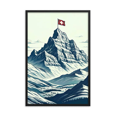 Ausgedehnte Bergkette mit dominierendem Gipfel und wehender Schweizer Flagge - Premium Poster mit Rahmen berge xxx yyy zzz 61 x 91.4 cm