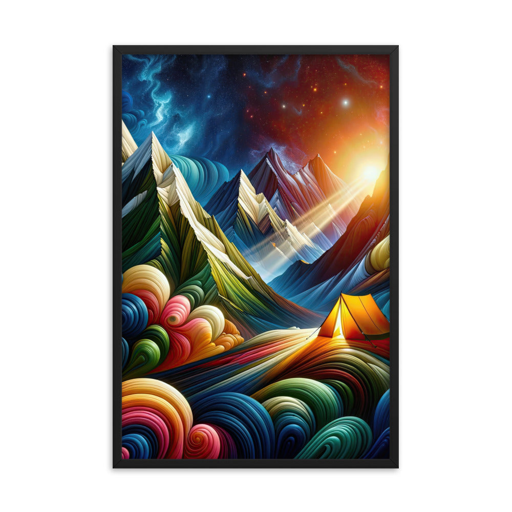 Abstrakte Bergwelt in lebendigen Farben mit Zelt - Premium Poster mit Rahmen camping xxx yyy zzz 61 x 91.4 cm