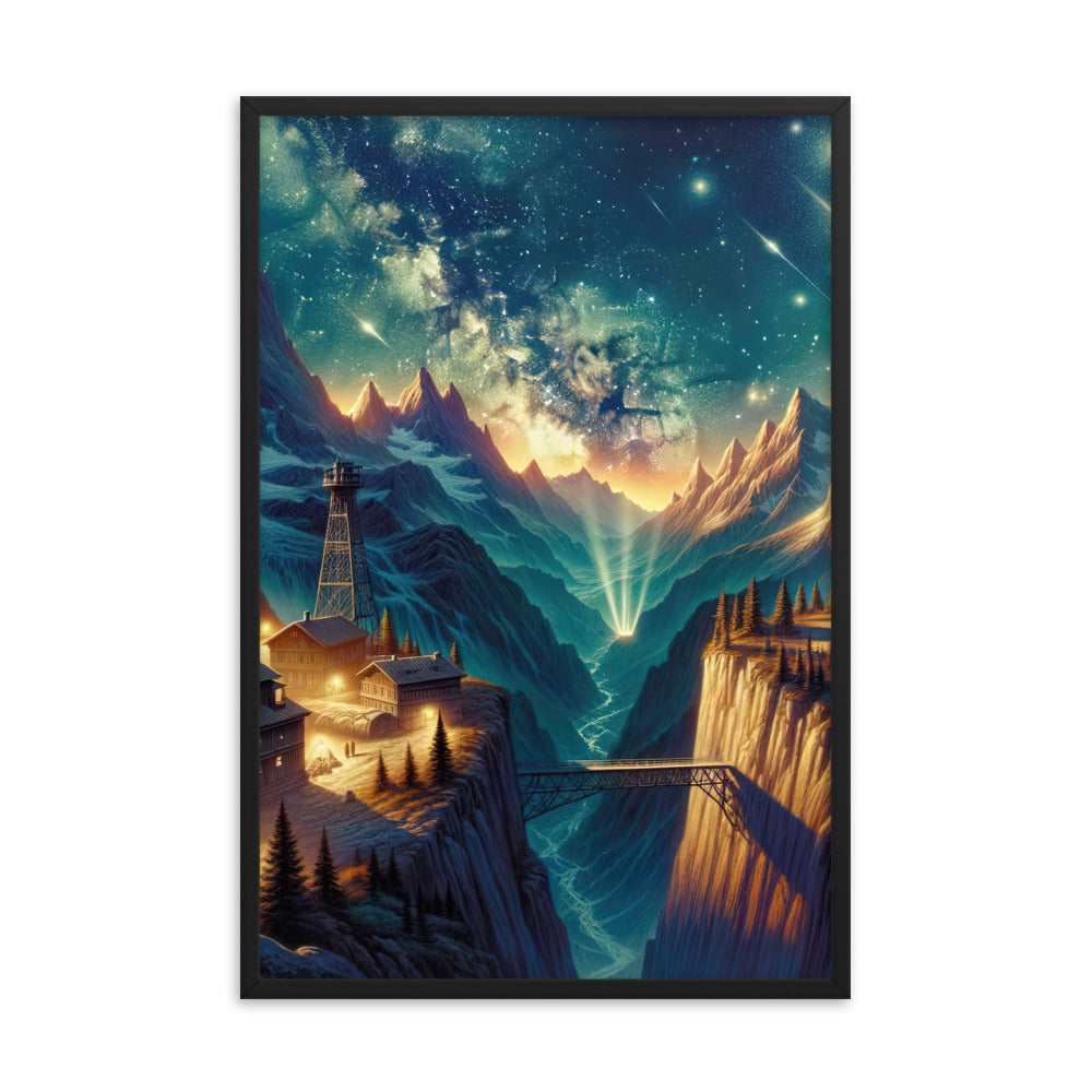 Alpine Wildnis mit Bergdorf unter sternenklarem Nachthimmel - Premium Poster mit Rahmen berge xxx yyy zzz 61 x 91.4 cm