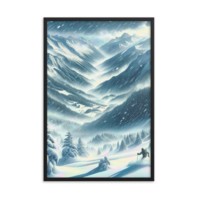 Alpine Wildnis im Wintersturm mit Skifahrer, verschneite Landschaft - Premium Poster mit Rahmen klettern ski xxx yyy zzz 61 x 91.4 cm
