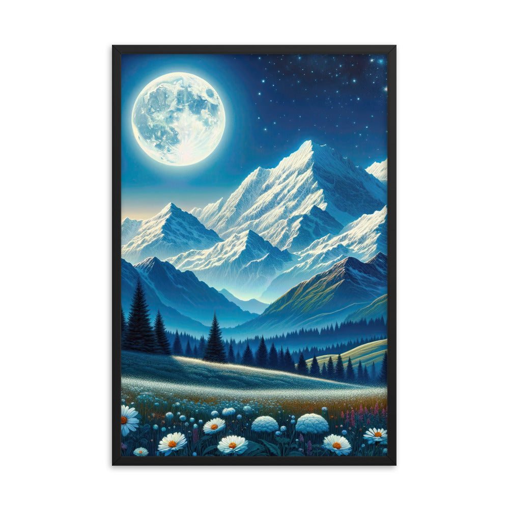 Klare frühlingshafte Alpennacht mit Blumen und Vollmond über Schneegipfeln - Premium Poster mit Rahmen berge xxx yyy zzz 61 x 91.4 cm
