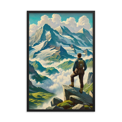 Panoramablick der Alpen mit Wanderer auf einem Hügel und schroffen Gipfeln - Premium Poster mit Rahmen wandern xxx yyy zzz 61 x 91.4 cm