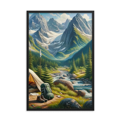 Ölgemälde der Alpensommerlandschaft mit Zelt, Gipfeln, Wäldern und Bächen - Premium Poster mit Rahmen camping xxx yyy zzz 61 x 91.4 cm