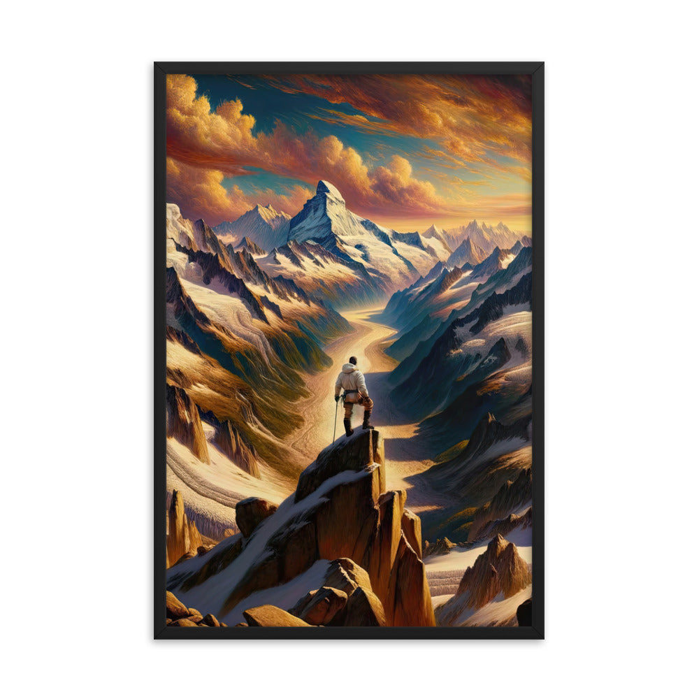 Ölgemälde eines Wanderers auf einem Hügel mit Panoramablick auf schneebedeckte Alpen und goldenen Himmel - Enhanced Matte Paper Framed wandern xxx yyy zzz 61 x 91.4 cm