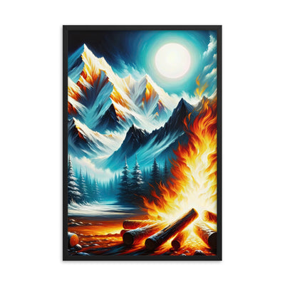 Ölgemälde von Feuer und Eis: Lagerfeuer und Alpen im Kontrast, warme Flammen - Premium Poster mit Rahmen camping xxx yyy zzz 61 x 91.4 cm