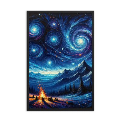 Sternennacht über den Alpen inspiriertes Ölgemälde, mystischer Nachthimmel in Blau - Premium Poster mit Rahmen camping xxx yyy zzz 61 x 91.4 cm