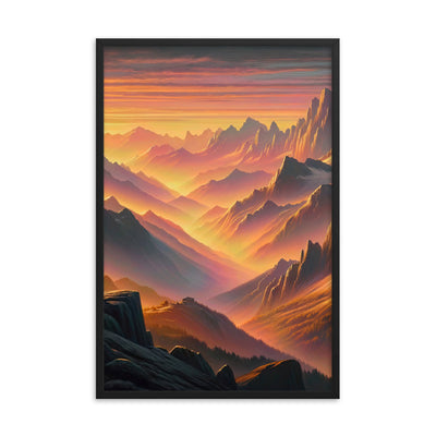 Ölgemälde der Alpen in der goldenen Stunde mit Wanderer, Orange-Rosa Bergpanorama - Premium Poster mit Rahmen wandern xxx yyy zzz 61 x 91.4 cm