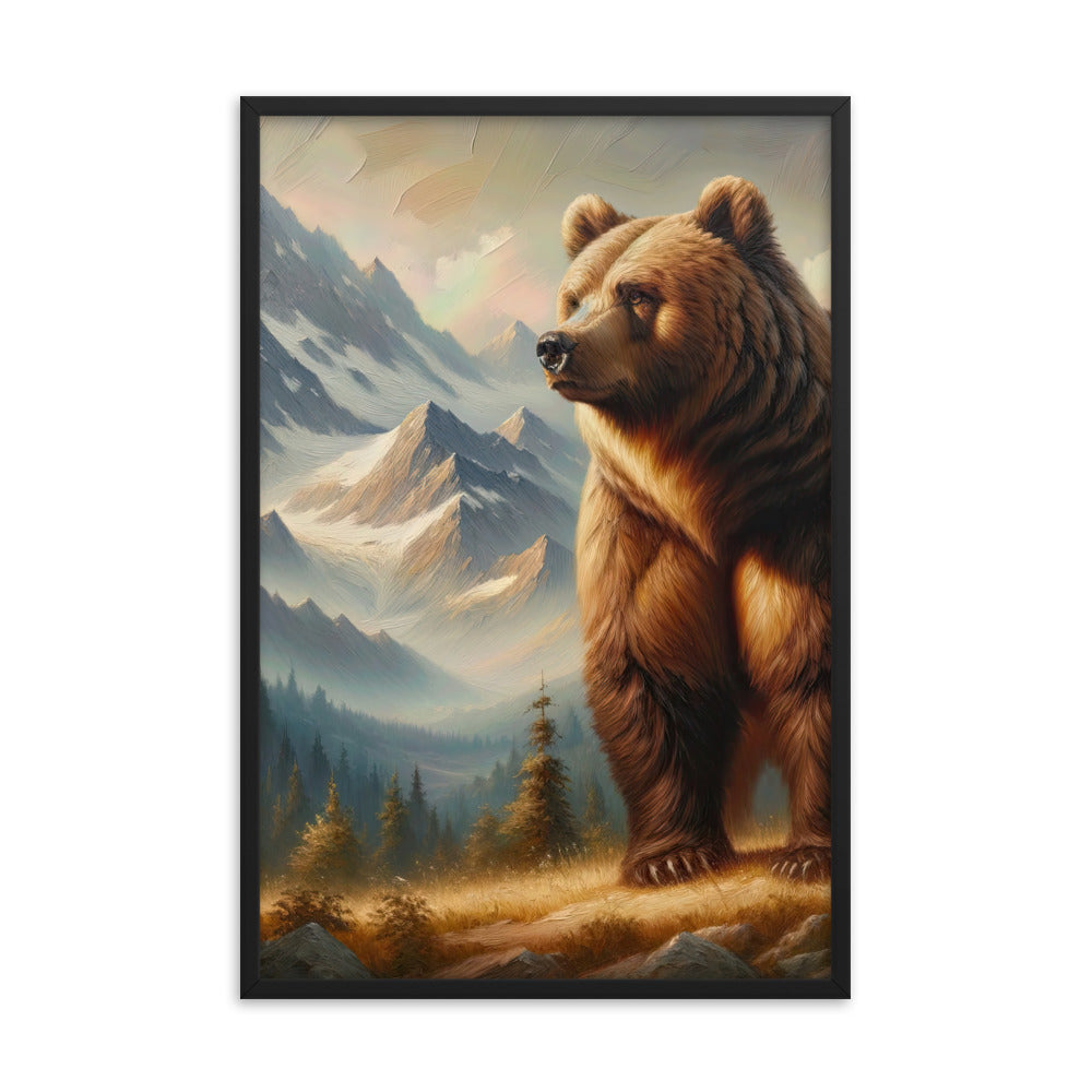 Ölgemälde eines königlichen Bären vor der majestätischen Alpenkulisse - Premium Poster mit Rahmen camping xxx yyy zzz 61 x 91.4 cm