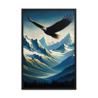 Ölgemälde eines Adlers vor schneebedeckten Bergsilhouetten - Premium Poster mit Rahmen berge xxx yyy zzz 61 x 91.4 cm
