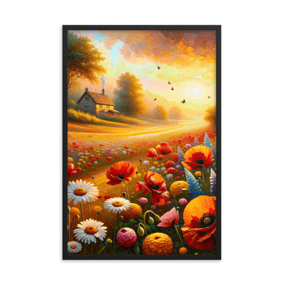 Ölgemälde eines Blumenfeldes im Sonnenuntergang, leuchtende Farbpalette - Premium Poster mit Rahmen camping xxx yyy zzz 61 x 91.4 cm