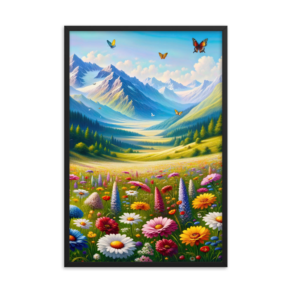 Ölgemälde einer ruhigen Almwiese, Oase mit bunter Wildblumenpracht - Premium Poster mit Rahmen camping xxx yyy zzz 61 x 91.4 cm