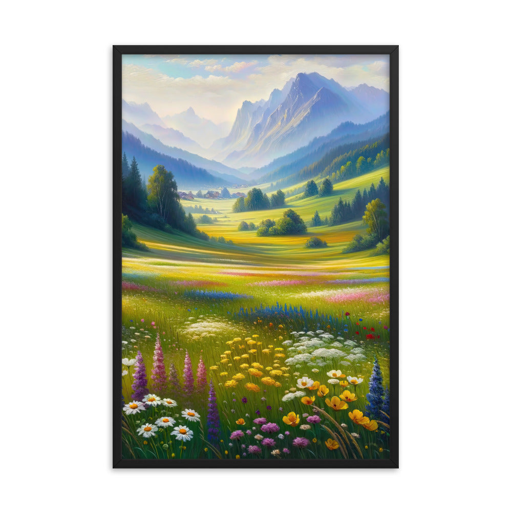 Ölgemälde einer Almwiese, Meer aus Wildblumen in Gelb- und Lilatönen - Premium Poster mit Rahmen berge xxx yyy zzz 61 x 91.4 cm
