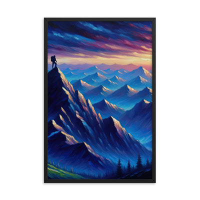 Ölgemälde eines ruhigen Alpenabends mit Bergsteigersilhouette auf dem Gipfel - Premium Poster mit Rahmen wandern xxx yyy zzz 61 x 91.4 cm