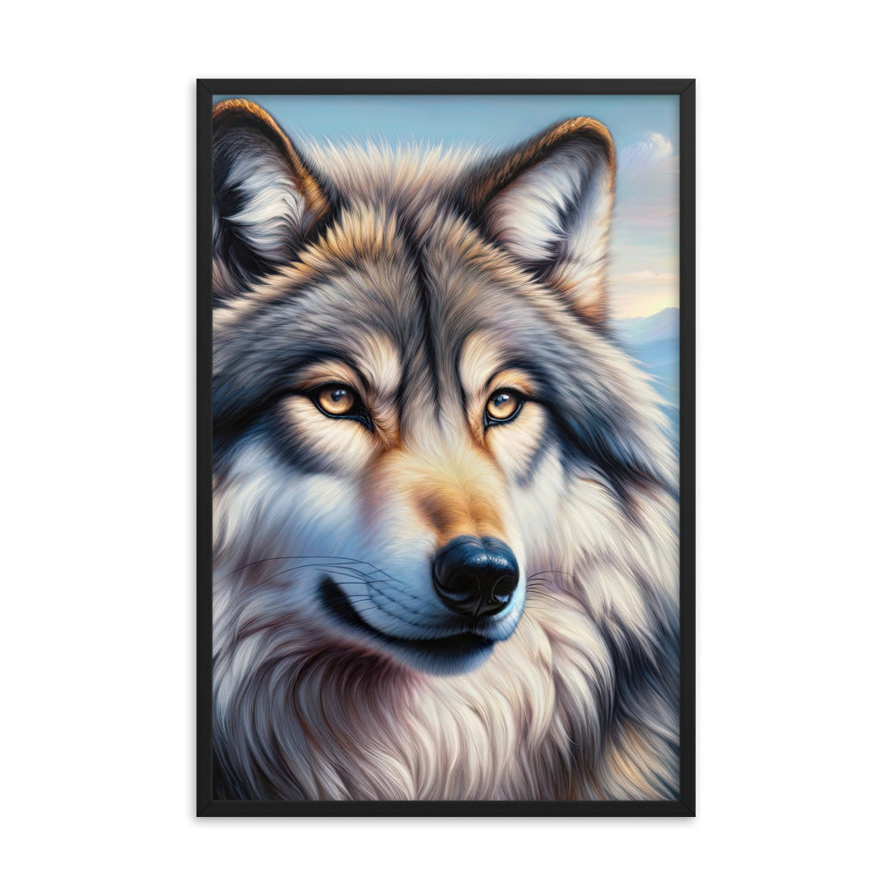 Ölgemäldeporträt eines majestätischen Wolfes mit intensiven Augen in der Berglandschaft (AN) - Premium Poster mit Rahmen xxx yyy zzz 61 x 91.4 cm