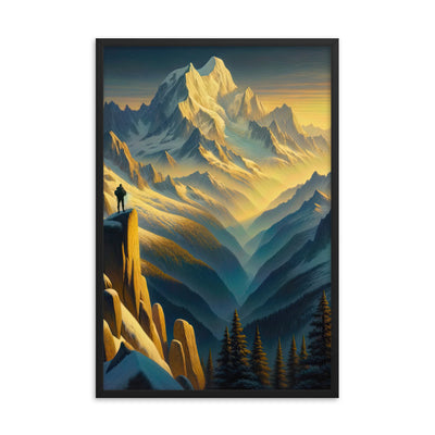 Ölgemälde eines Wanderers bei Morgendämmerung auf Alpengipfeln mit goldenem Sonnenlicht - Premium Poster mit Rahmen wandern xxx yyy zzz 61 x 91.4 cm