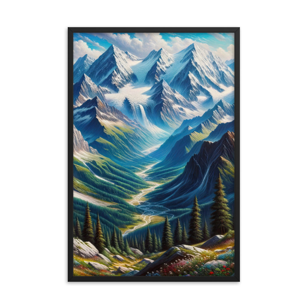 Panorama-Ölgemälde der Alpen mit schneebedeckten Gipfeln und schlängelnden Flusstälern - Premium Poster mit Rahmen berge xxx yyy zzz 61 x 91.4 cm