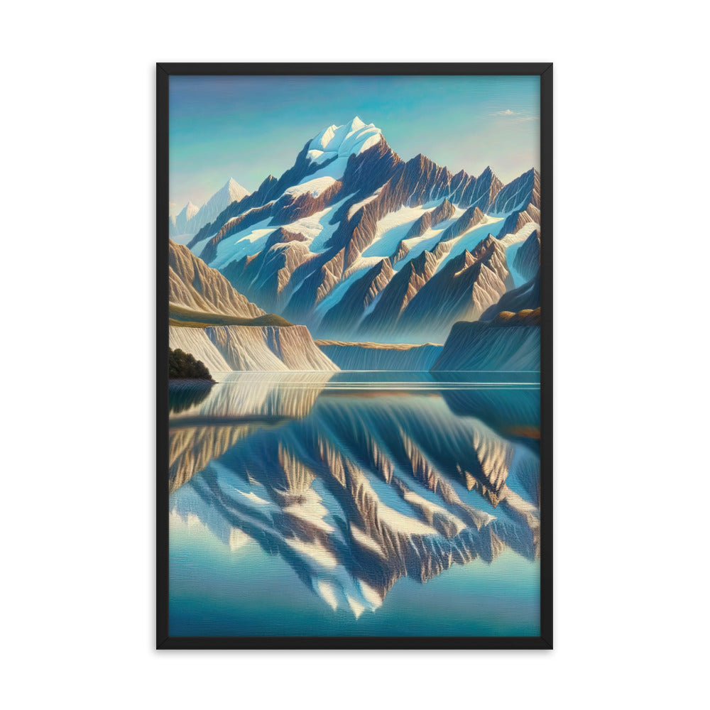 Ölgemälde eines unberührten Sees, der die Bergkette spiegelt - Premium Poster mit Rahmen berge xxx yyy zzz 61 x 91.4 cm