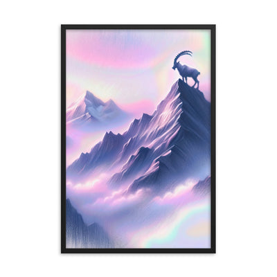 Pastellzeichnung der Alpen im Morgengrauen mit Steinbock in Rosa- und Lavendeltönen - Premium Poster mit Rahmen berge xxx yyy zzz 61 x 91.4 cm