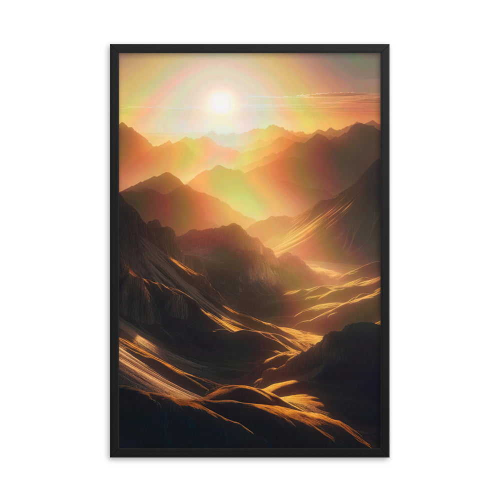 Foto der goldenen Stunde in den Bergen mit warmem Schein über zerklüftetem Gelände - Premium Poster mit Rahmen berge xxx yyy zzz 61 x 91.4 cm