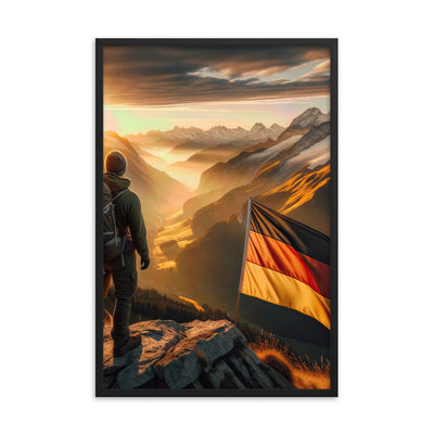 Foto der Alpen bei Sonnenuntergang mit deutscher Flagge und Wanderer, goldenes Licht auf Schneegipfeln - Enhanced Matte Paper Framed berge xxx yyy zzz 61 x 91.4 cm