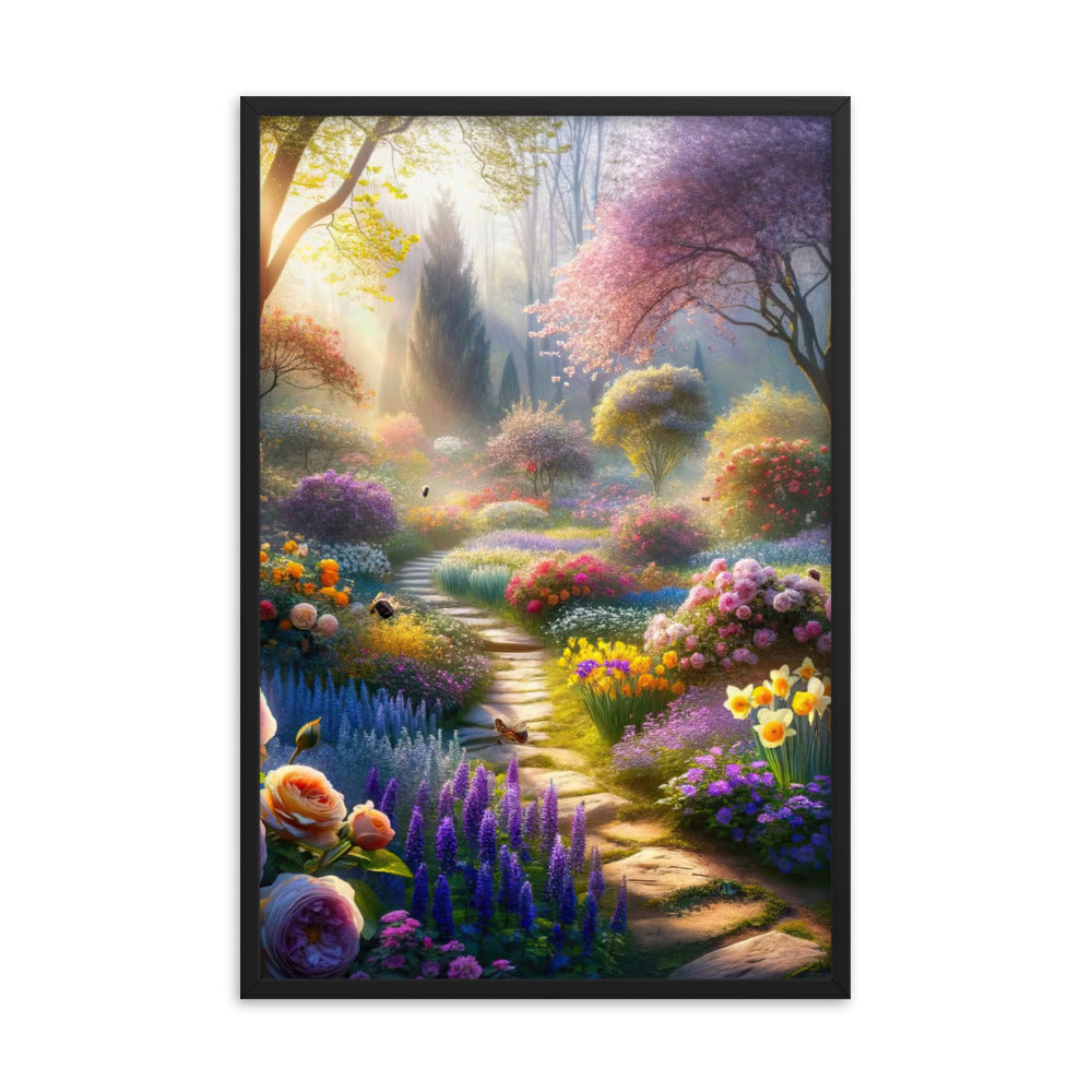 Foto einer Gartenszene im Frühling mit Weg durch blühende Rosen und Veilchen - Premium Poster mit Rahmen camping xxx yyy zzz 61 x 91.4 cm