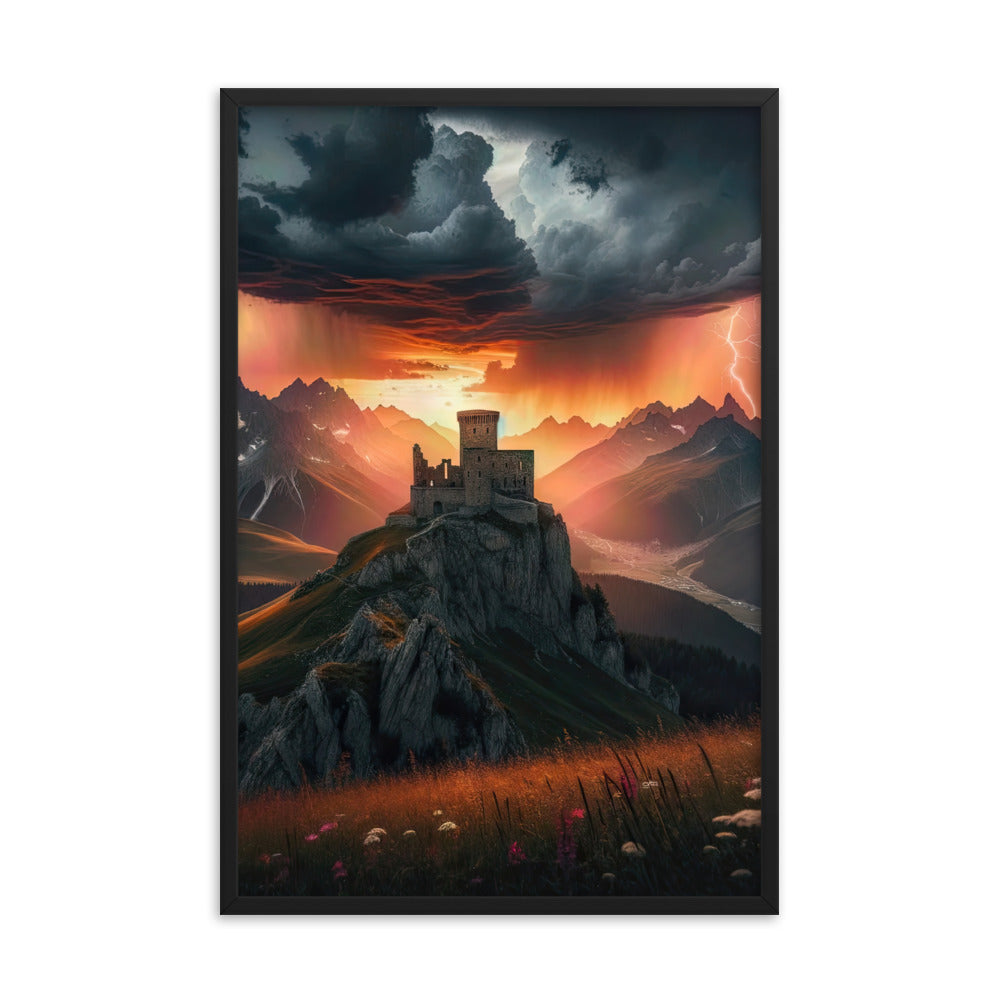 Foto einer Alpenburg bei stürmischem Sonnenuntergang, dramatische Wolken und Sonnenstrahlen - Premium Poster mit Rahmen berge xxx yyy zzz 61 x 91.4 cm