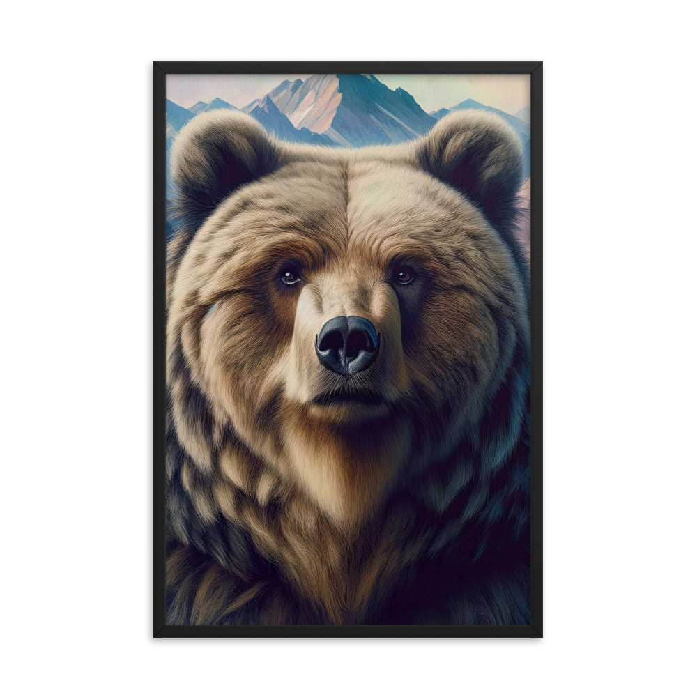 Foto eines Bären vor abstrakt gemalten Alpenbergen, Oberkörper im Fokus - Premium Poster mit Rahmen camping xxx yyy zzz 61 x 91.4 cm