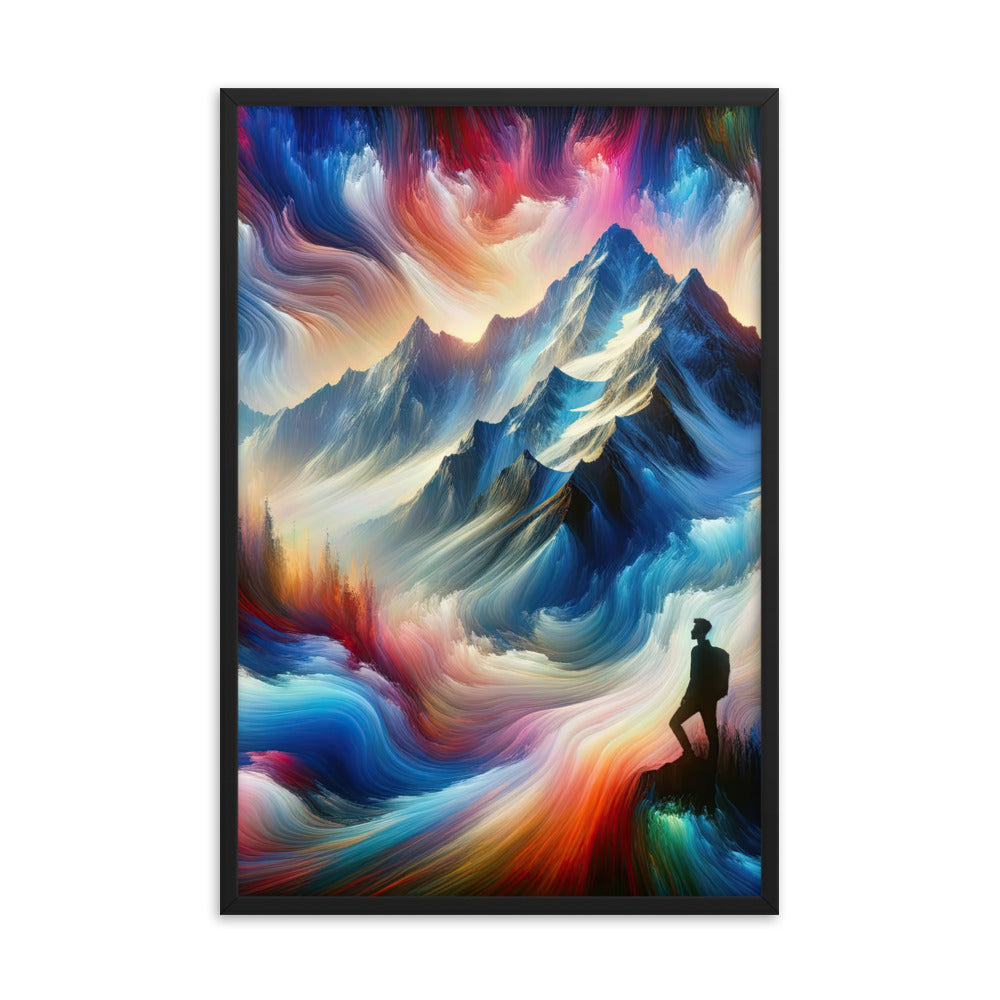 Foto eines abstrakt-expressionistischen Alpengemäldes mit Wanderersilhouette - Premium Poster mit Rahmen wandern xxx yyy zzz 61 x 91.4 cm