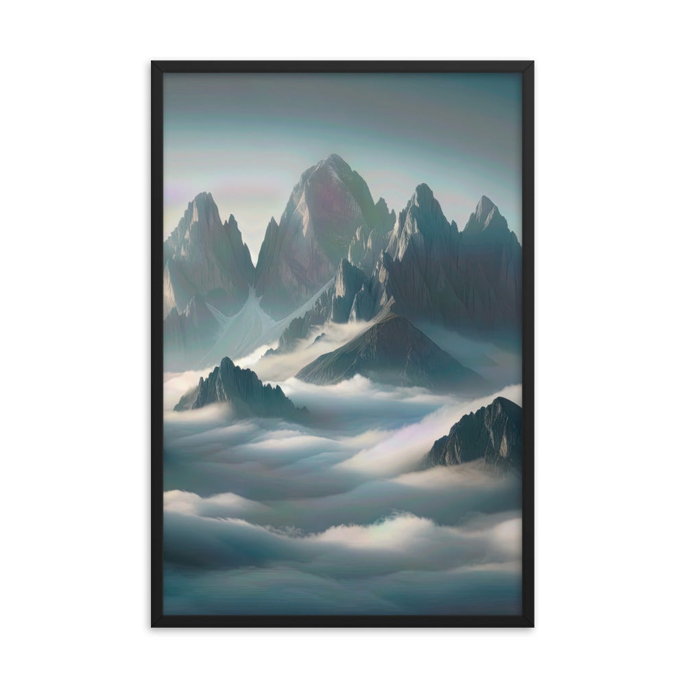 Foto eines nebligen Alpenmorgens, scharfe Gipfel ragen aus dem Nebel - Premium Poster mit Rahmen berge xxx yyy zzz 61 x 91.4 cm