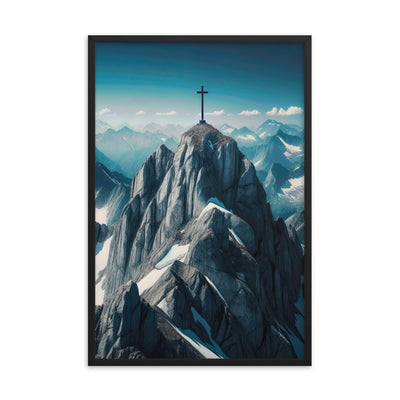 Foto der Alpen mit Gipfelkreuz an einem klaren Tag, schneebedeckte Spitzen vor blauem Himmel - Premium Poster mit Rahmen berge xxx yyy zzz 61 x 91.4 cm