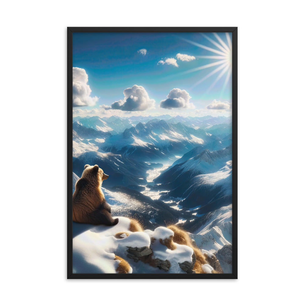 Foto der Alpen im Winter mit Bären auf dem Gipfel, glitzernder Neuschnee unter der Sonne - Premium Poster mit Rahmen camping xxx yyy zzz 61 x 91.4 cm