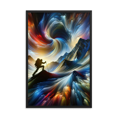 Foto der Alpen in abstrakten Farben mit Bergsteigersilhouette - Premium Poster mit Rahmen wandern xxx yyy zzz 61 x 91.4 cm