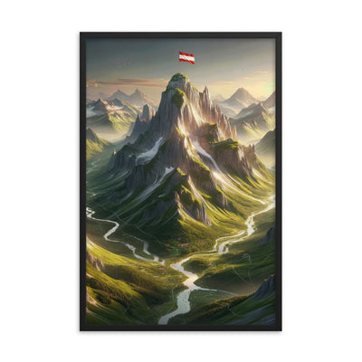 Fotorealistisches Bild der Alpen mit österreichischer Flagge, scharfen Gipfeln und grünen Tälern - Enhanced Matte Paper Framed Poster berge xxx yyy zzz 61 x 91.4 cm