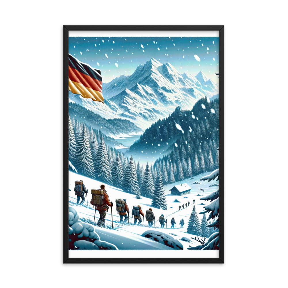 Quadratische Winterillustration der Alpen mit deutscher Flagge und Wanderteam - Premium Poster mit Rahmen wandern xxx yyy zzz 61 x 91.4 cm